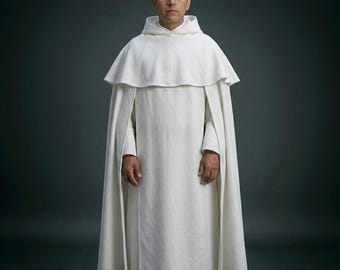 Hábito de fraile dominico: túnica monástica católica con capa negra y túnica blanca