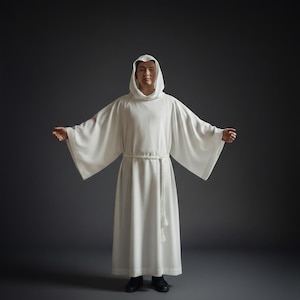 May include: A white hooded robe with wide sleeves and a matching rope belt. The robe is worn by a person standing against a dark gray background. The person is wearing black shoes.
