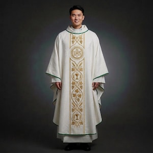 Op de afbeelding: Een witte liturgische kazuifel met groene randen en gouden borduursels. De borduursels bevatten een centraal embleem met de letters IHS, druiven en kelken. Het gewaad wordt gedragen door een glimlachende persoon.