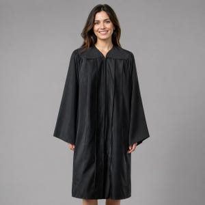 May include: A black graduation gown with a zipper closure. The gown has long, wide sleeves and a collar. The person in the image is smiling and wearing the gown. The background is a solid gray.