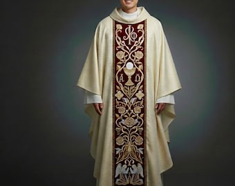 Haftowany ornat dla księdza katolickiego, kremowozłota szata liturgiczna z czerwonym orphrey