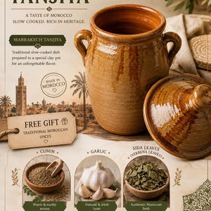 May include: An advertisement for Marrakech Tanjia, a traditional Moroccan dish. The image features a clay pot with a lid, cumin, garlic, and verbena leaves. Text includes "Authentic Marrakech Tanjia" and "Free Gift: Traditional Moroccan Spices."