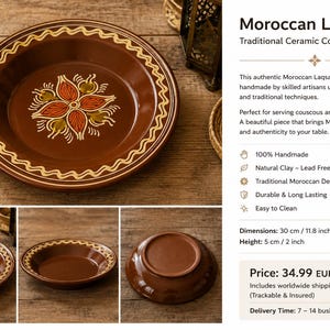 May include: A brown ceramic couscous plate with a diameter of 11.8 inches and a height of 2 inches. The plate features a central floral motif in orange and green, with a wavy cream-colored pattern along the rim. The text reads Moroccan Laqsaria.