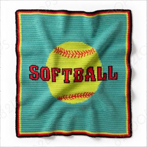Puede incluir: Manta de ganchillo turquesa con una gran pelota de softbol amarilla con costuras rojas y la palabra "SOFTBALL" en letras rojas. La manta tiene un borde rojo y negro.