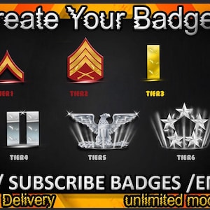 Pode incluir: Um gráfico digital intitulado Create Your Badges apresentando seis ícones de patente de estilo militar rotulados de Tier 1 a Tier 6. Os ícones incluem divisas vermelhas, uma barra dourada, barras prateadas, uma águia e estrelas prateadas.