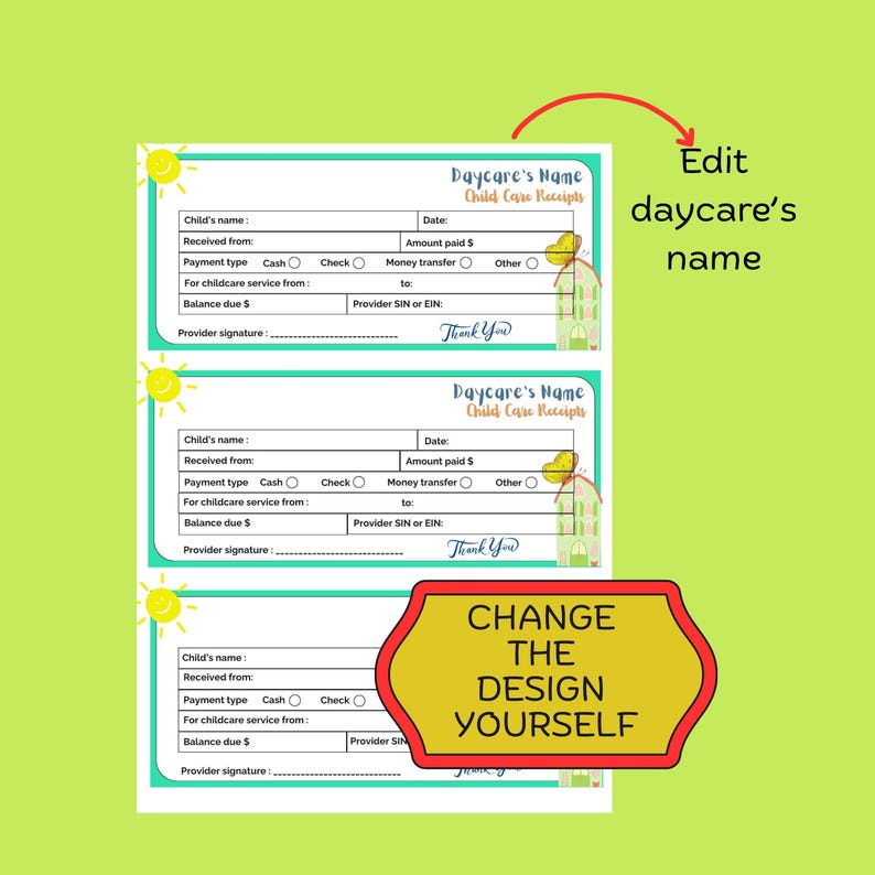 Editable Childcare Receipt Template, Daycare Invoice, Payment Tracker ...