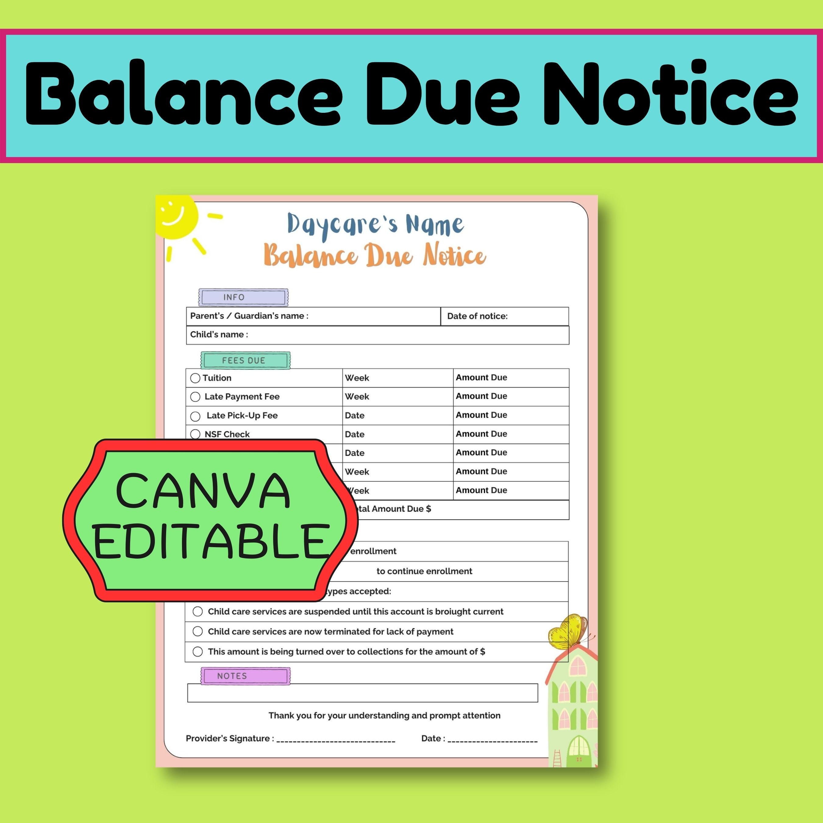Daycare Balance Due Notice Template Editable Canva | Childcare Payment ...