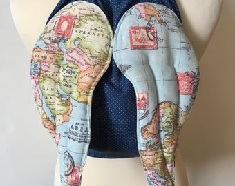 Nursery ballet bag - drawstring, fully lined with wings, for treasure , PE, shoes, dreams ;) maps blue