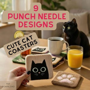 9 mönster för Cat Punch Needle-underlägg | Design för tuftade muggar (PDF-nedladdning)