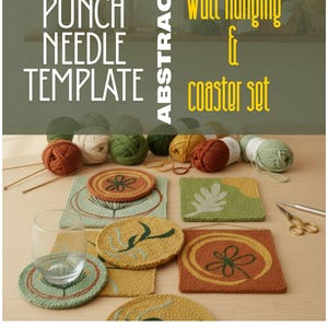 May include: A punch needle template set with a wall hanging and coaster set. The image shows various coasters and a wall hanging with floral designs in shades of green, yellow, and orange. The set includes yarn balls and craft tools.