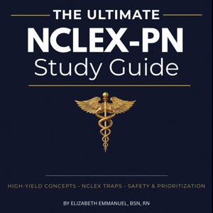 May include: A navy blue book cover with gold text that reads "THE ULTIMATE NCLEX-PN Study Guide." A gold caduceus symbol is centered below the title. The bottom of the cover includes the author's name and credentials.