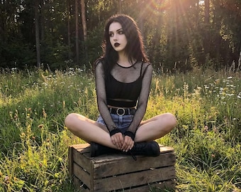 Gothic Fishnet Crop Top – Black Goth Top, Dark goth Mesh top