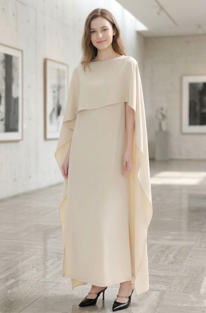 white christmas dresses 198Pearl-Trimmed Cape Sleeve Boat Neck Maxi Gown-Cream 6 main image 1