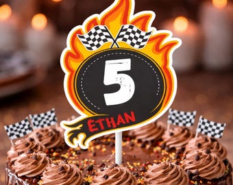 Editable Racing Flag Cake Topper | Personalised Name & Age | Printable Birthday Decoration | Instant Download