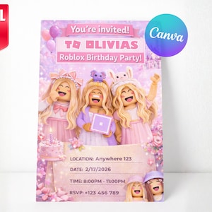 Könnte beinhalten: Eine digitale Einladung für eine Roblox-Geburtstagsfeier. Die Einladung zeigt drei Roblox-Charaktere in rosa Kleidern mit dem Text "You're invited! To Olivia's Roblox Birthday Party!" und Party-Details.