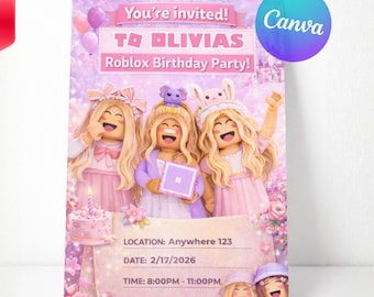 Plantilla editable de invitación de cumpleaños femenina de Roblox / Fiesta rosa (PDF de Canva)