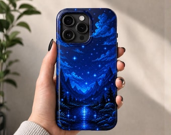Kopie der Pixel Art Phone Case | Saphir Aurora Valley Landschaft | Ästhetische Bergnachtshimmel Abdeckung