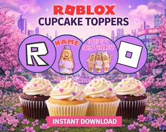 Editable Roblox Girl Cupcake Toppers | Girly Roblox Birthday Party Decorations | Canva Template Instant Download