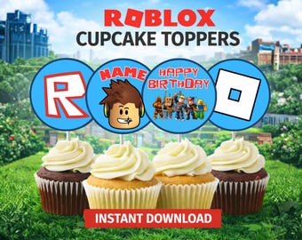 Editable Roblox Cupcake Toppers Template | Personalized Roblox Birthday Party Decorations | Instant Download Canva Printable