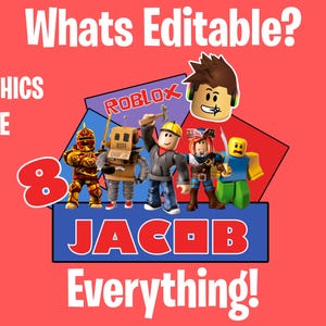 K&ouml;nnte beinhalten: Roter Hintergrund mit wei&szlig;em Text "Whats Editable?" und "Everything!". Das Bild zeigt Roblox-Charaktere, den Namen "JACOB" und die Zahl "8". Der Text "Graphics, Name, Age" ist ebenfalls vorhanden.
