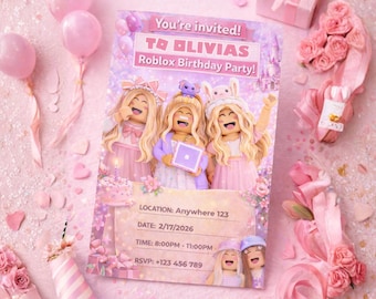 Editable Roblox Girly Birthday Invitation Template | Pink Party (Canva PDF Edit)