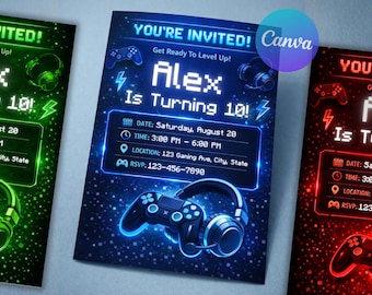Neon Gamer Birthday Invitation | Video Game Party, Editable Canva Template (Digital Download)