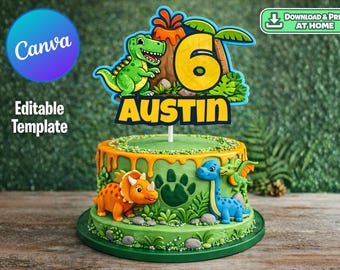 Editable Dinosaur Cake Topper Template | Personalized Birthday Party Decoration (Canva Download)
