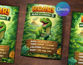 Dinosaur Birthday Invitation Template | Editable Jungle T-Rex Party Invite (Canva Download)