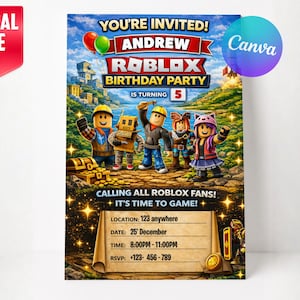 Könnte beinhalten: Digitale Einladung zu einer Roblox-Geburtstagsfeier. Das Design zeigt Roblox-Charaktere, Luftballons und den Text "You're Invited!". Die Einladung enthält Party-Details: Ort, Datum, Uhrzeit und RSVP-Informationen.