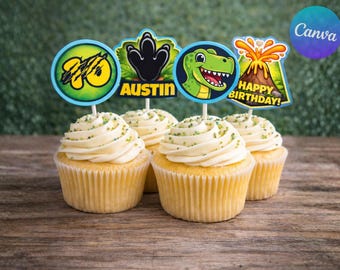 Editable Dinosaur Cupcake Toppers | Dino Birthday Party Printable (Canva Download)