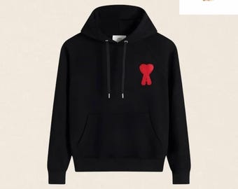 AMI Paris Style Hoodie: Embroidered Red Heart, Cotton Blend
