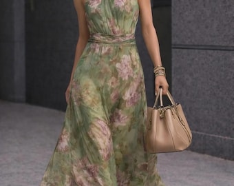 Handmade Floral Silk Chiffon Maxi Dress: Vintage Botanical Print, Halter Neck Summer Gown