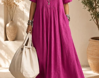 Boho Linen Dress Women Pleated Summer Kaftan Maxi Dress