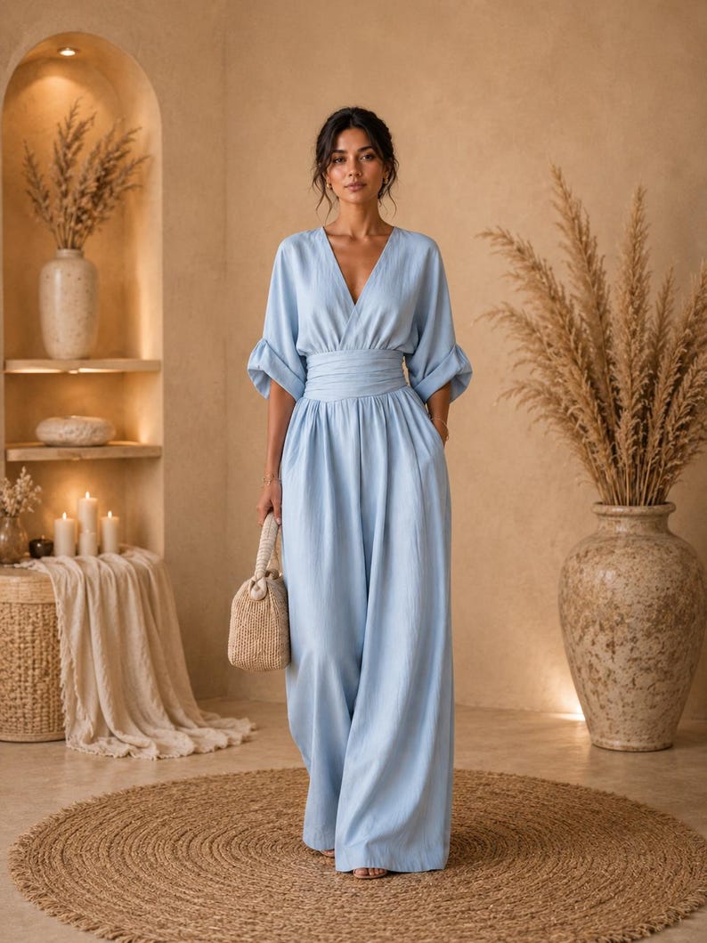May include: A light blue jumpsuit featuring a deep V-neckline, wide three-quarter length sleeves with gathered cuffs, and a wide cinched waistband. The garment has a relaxed, floor-length silhouette with wide legs and a textured fabric finish.