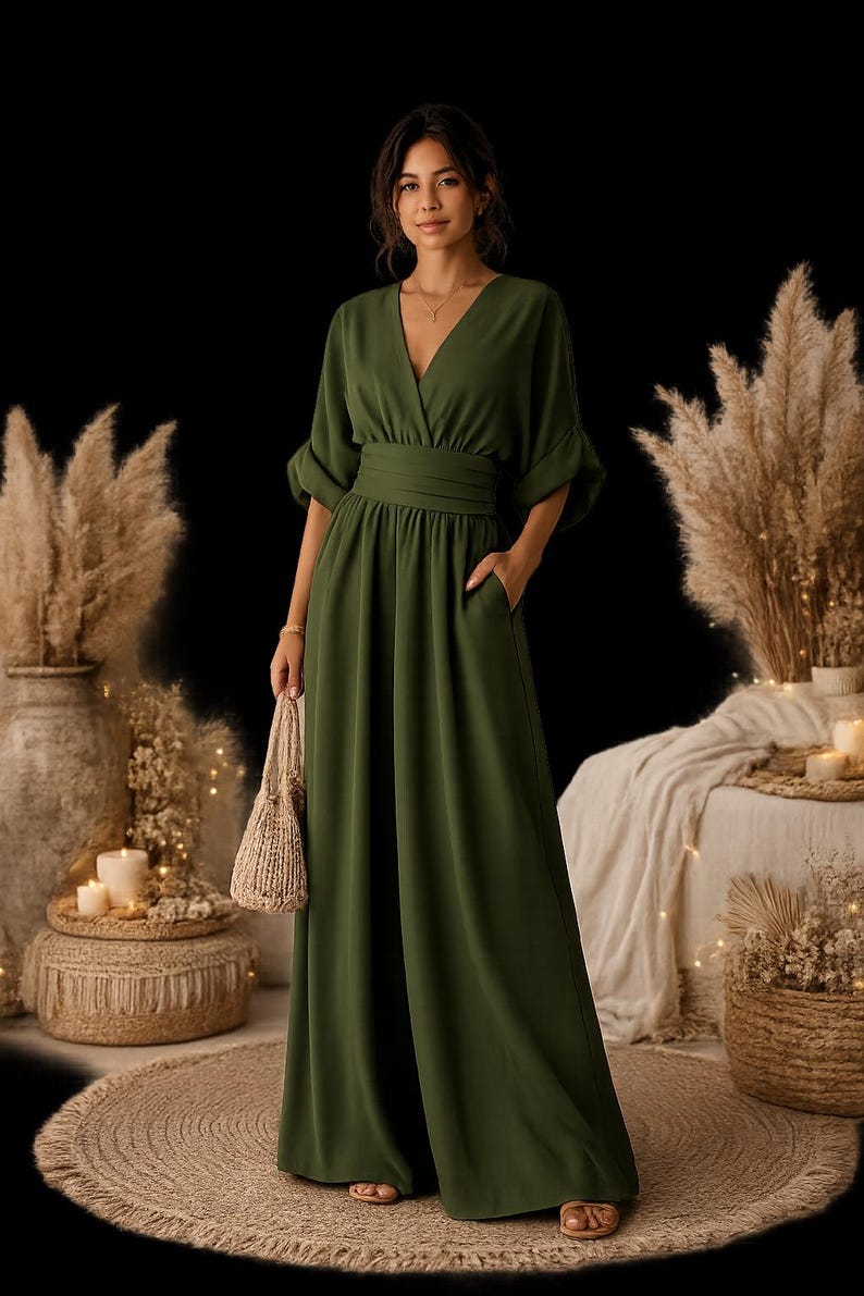 May include: An olive green jumpsuit featuring a deep V-neckline, three-quarter length sleeves with cuffed hems, a wide pleated waistband, and wide-leg trousers with side pockets. The garment is solid-coloured and has a floor-length hemline.