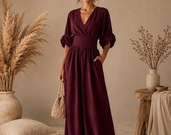 Mono minimalista de lino, mono hecho a mano, mono elegante de pierna ancha, vestido bohemio con escote en V