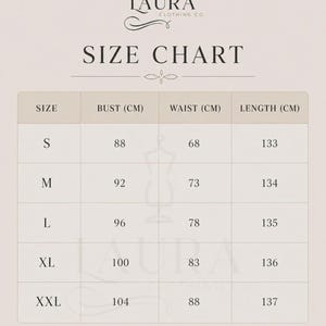 May include: A size chart for Laura Clothing Co. featuring a table with columns for size, bust, waist, and length in centimetres. Rows list sizes S through XXL with corresponding measurements. A note at the bottom states measurements may vary by 1-3 cm.