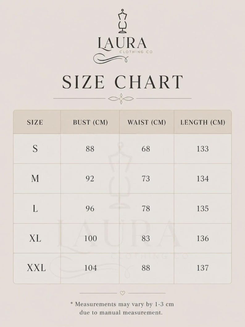 May include: A size chart for Laura Clothing Co. featuring a table with columns for size, bust, waist, and length in centimetres. Rows list sizes S through XXL with corresponding measurements. A note at the bottom states measurements may vary by 1-3 cm.