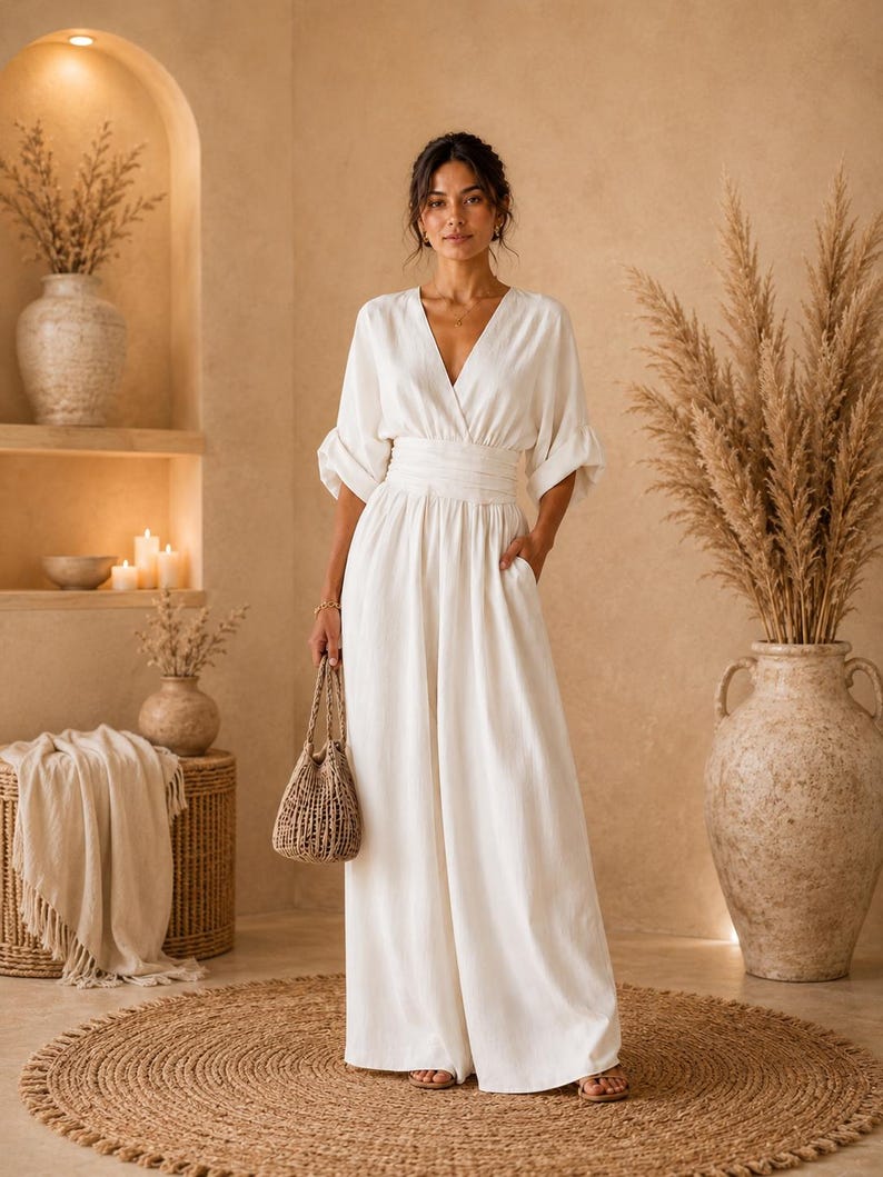 May include: A floor-length off-white jumpsuit featuring a deep V-neckline, elbow-length sleeves with gathered cuffs, and a wide, ruched waistband. The garment includes side pockets and wide-leg trousers, paired with a small, woven tan handbag.