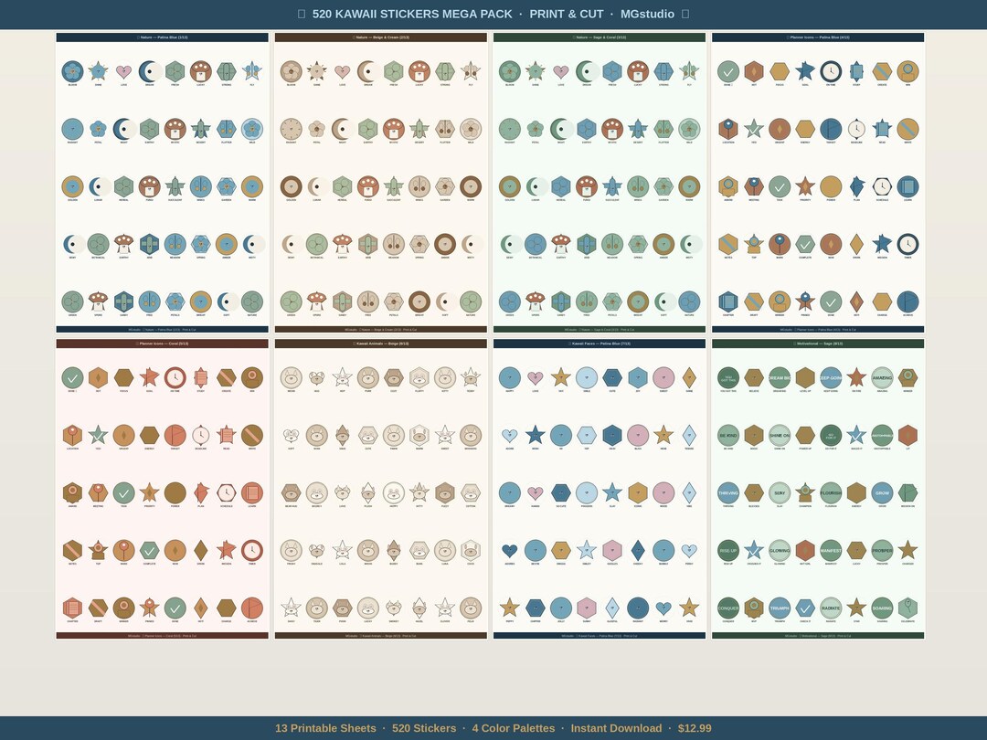 520 Kawaii Stickers Mega Pack | Printable Print & Cut | Patina Blue ...