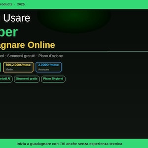 Puede incluir: Anuncio de producto digital con un esquema de color verde y negro. El texto dice "Come Usare l'AI per Guadagnare Online" e incluye información sobre métodos, herramientas y planes de acción. La parte inferior de la imagen dice "Inizia a guadagnare con l'AI anche senza esperienza tecnica."