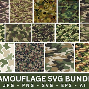 Peut inclure: Plusieurs motifs de camouflage dans des tons de vert, de marron et de beige. Les motifs varient des camouflages militaires classiques aux styles contemporains. L'image contient le texte "CAMOUFLAGE SVG BUNDLE".