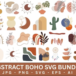 May include: A collection of abstract boho-style illustrations in various shapes and colors, including rainbows, moons, plants, and geometric forms. The text "ABSTRACT BOHO SVG BUNDLE" is displayed at the bottom, along with file type information.