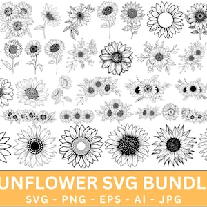 May include: A collection of black and white sunflower illustrations in various styles. The image includes individual flowers, bouquets, and border designs. Text at the bottom reads "SUNFLOWER SVG BUNDLE" with file type options.