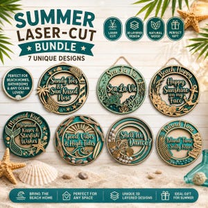 Pacchetto di file SVG per cartelli rotondi da spiaggia, SVG per appendiporta a tema costiero, cartello estivo a strati, citazioni sulla spiaggia con sirene, file per taglio laser a tema oceano