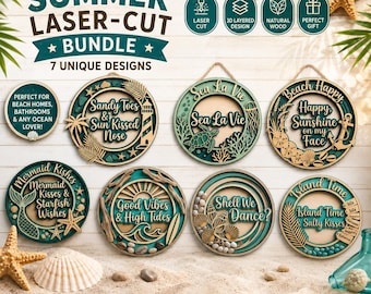 Beach Round Sign SVG Bundle, Coastal Door Hanger SVG, Summer Layered Sign, Mermaid Beach Quotes, Ocean Laser Cut File