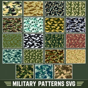 Puede incluir: Una colección de diecinueve patrones de camuflaje distintos en varias paletas de colores que incluyen verde, marrón, azul, negro y beige. Los diseños presentan formas orgánicas irregulares y texturas moteadas. El texto MILITARY PATTERNS SVG está en la parte inferior.