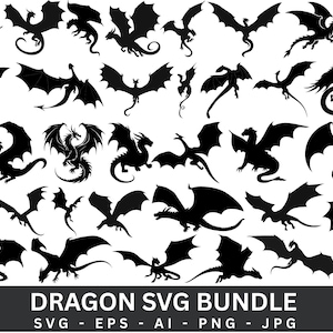 Puede incluir: Colección de siluetas negras de dragones en varias poses, con alas extendidas y colas enroscadas. La imagen incluye el texto "DRAGON SVG BUNDLE" con opciones de tipo de archivo: SVG, EPS, AI, PNG y JPG.