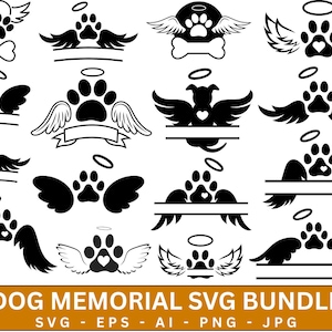 Puede incluir: Una colección de diseños conmemorativos para perros en blanco y negro. Los diseños incluyen huellas de patas con alas de ángel, halos y corazones. Algunos diseños incluyen un hueso o una pancarta. El texto "DOG MEMORIAL SVG BUNDLE" está en la parte inferior.