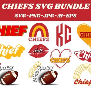 Può includere: Una collezione di grafiche SVG a tema Chiefs in rosso e giallo. Include design testuali di "CHIEF" e "Chief", un design a labbra rosse, un cuore, un pallone da football e un arcobaleno. Il testo "CHIEFS SVG BUNDLE" è in alto.